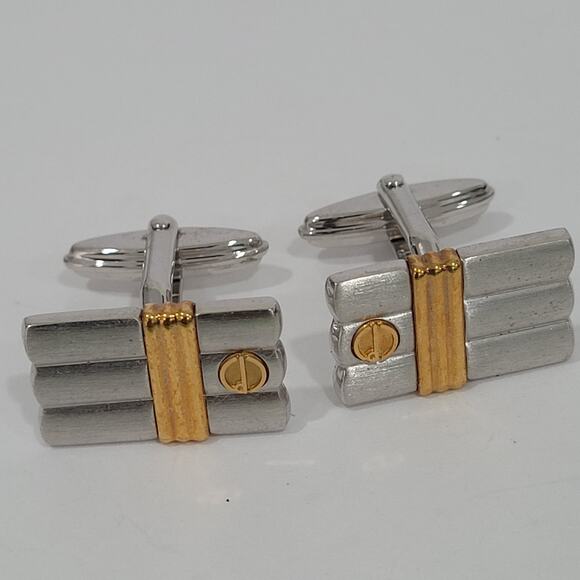 Dunhill Vintage Cufflinks Tie Clasp Clip Bar Set Silver Gold Striped Logo Box - Picture 8 of 16